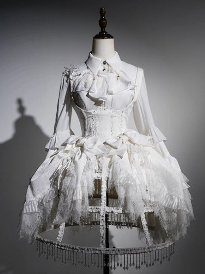 ホワイトアンダーバストドローストリングヘムシロロリータスパイダーウェブファブリックゴシックロリータドレス