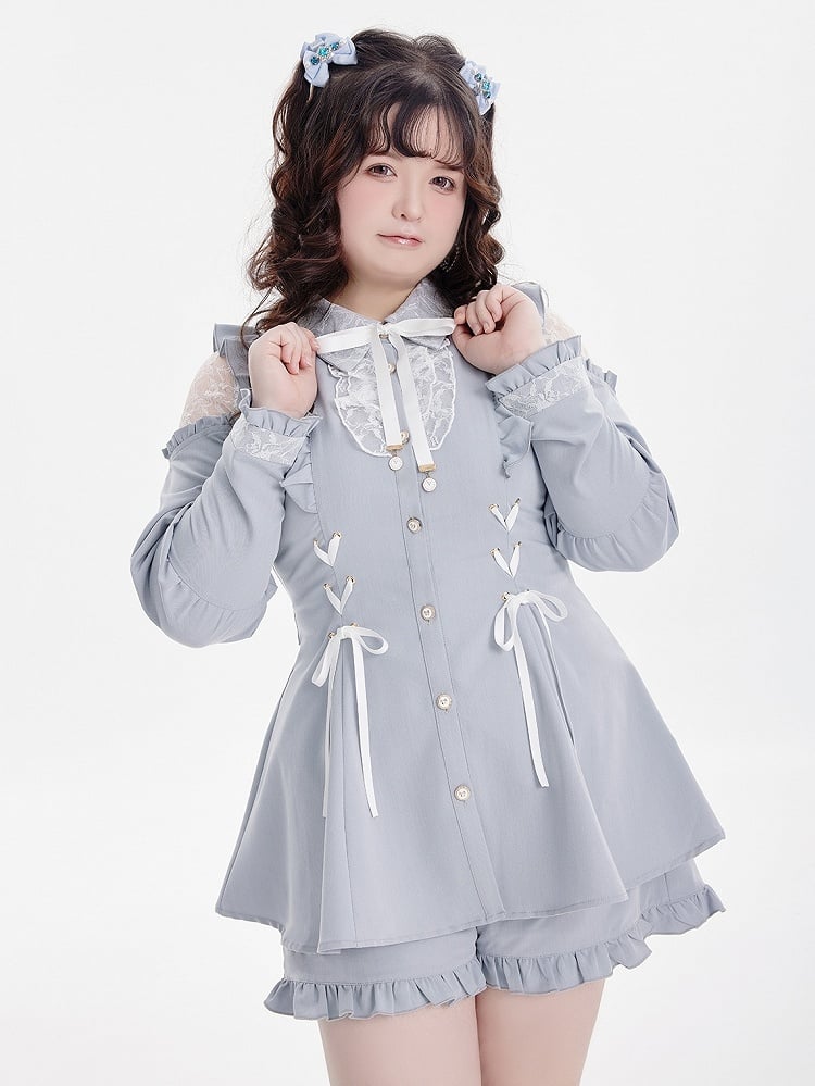Jirai Ensemble: Kei Set with Alice Long Cut-Outs Shorts Top Sleeve Ethereal Blue Angelcore Shoulder