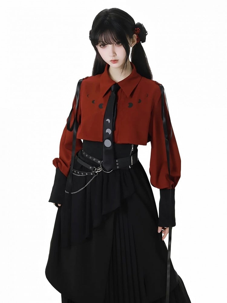 Print Wine Red/White A With Moon Tie Ribbon Shirt