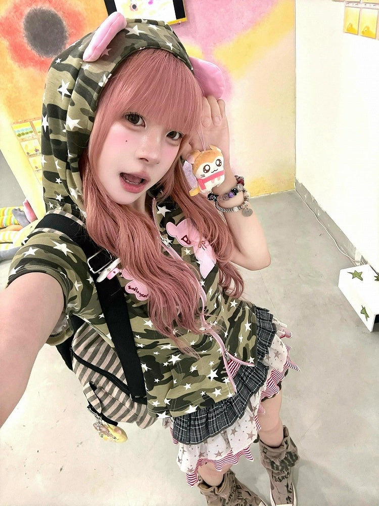 Bear Zip-Up Subculture with Ears Hood Camouflage T-shirt