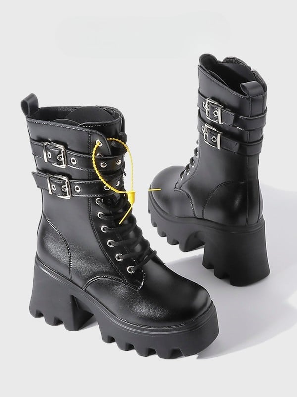 Chunky Lace-Up Heel Closure Dual System Punk on with Platform - Inner Buckle Zip Boots Black
