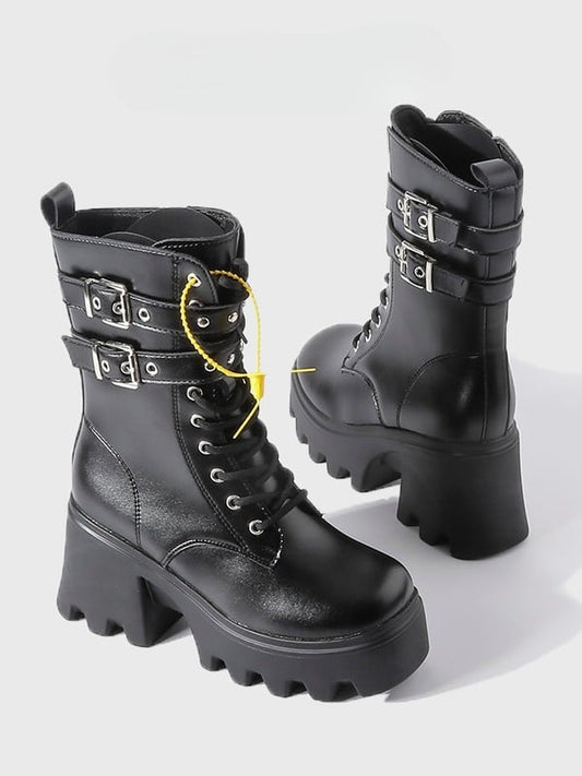 Chunky Lace-Up Heel Closure Dual System Punk on with Platform - Inner Buckle Zip Boots Black