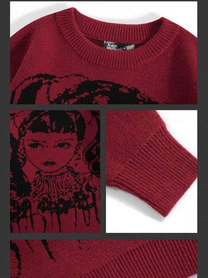 ワインレッド/ブラック Y2K ガール柄セーター（フリーチョーカー付き）