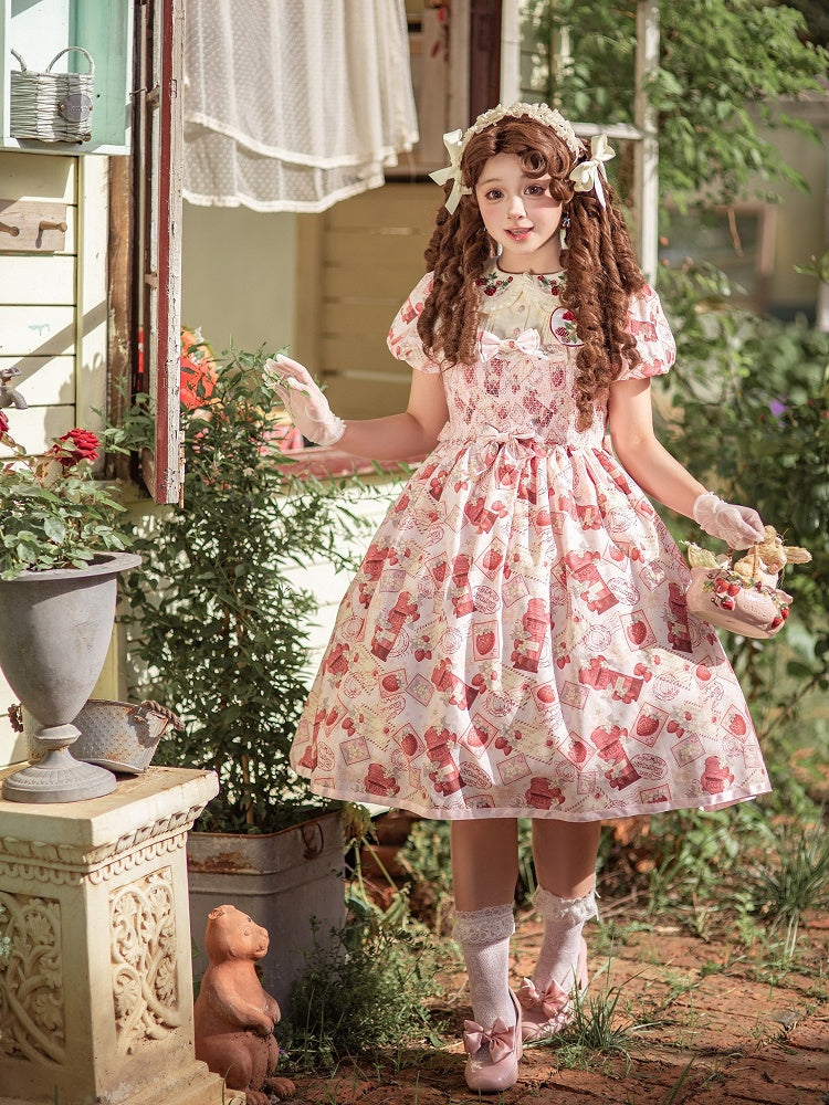 Sleeves Lolita Beige Collar Print Strawberry Pink Embroidered Sweet Dress with Puff