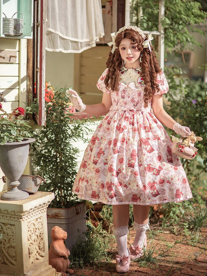 Sleeves Lolita Beige Collar Print Strawberry Pink Embroidered Sweet Dress with Puff