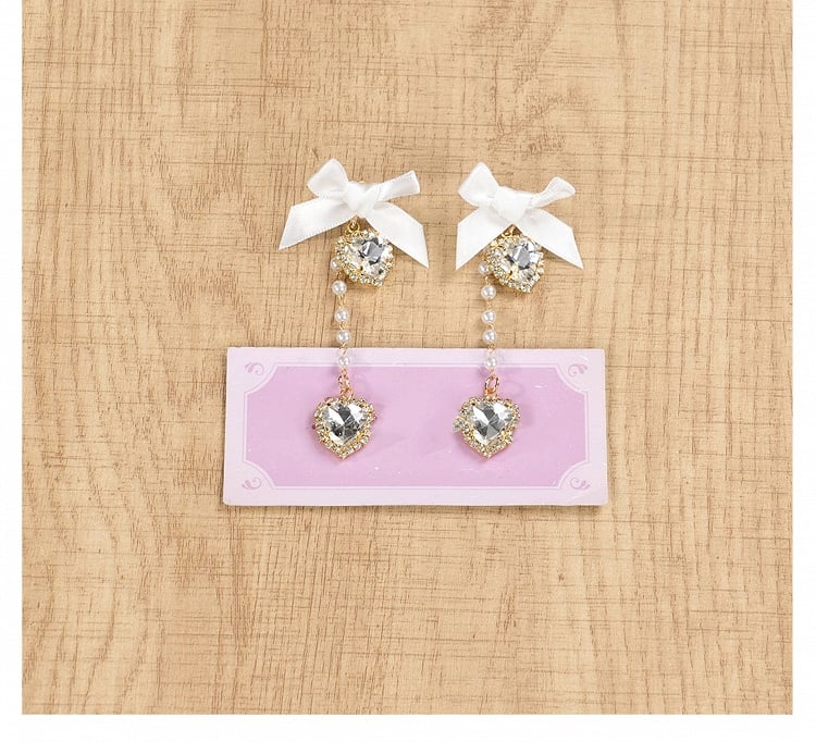 Kei Rhinestones / Dusty Pink Bow Ear Jirai Beaded | Clips White Heart Black Chain with