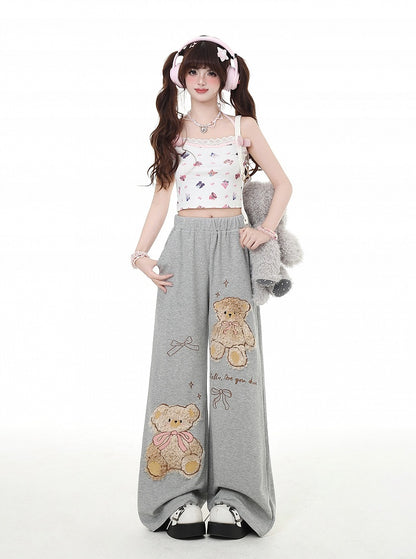 Kaffee/Graue Plüschhose mit Teddybär-Applikation und geradem Bein