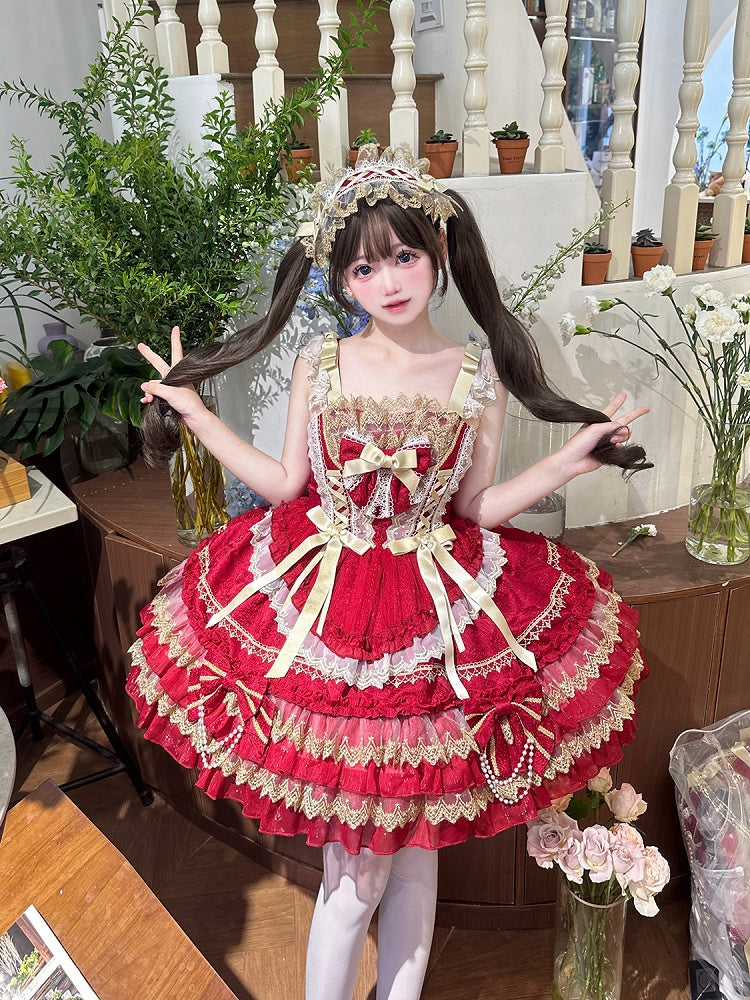 Kleid Rot Prinzessin Tiered Verziert Perlen Rock Schleifen Lolita Kette