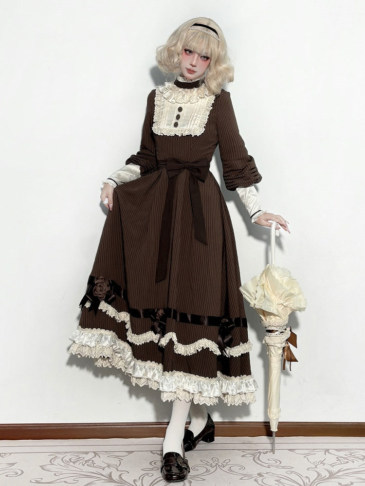 Brown Ruffle Neckline Lolita Dress with Waist Belt - MUYU