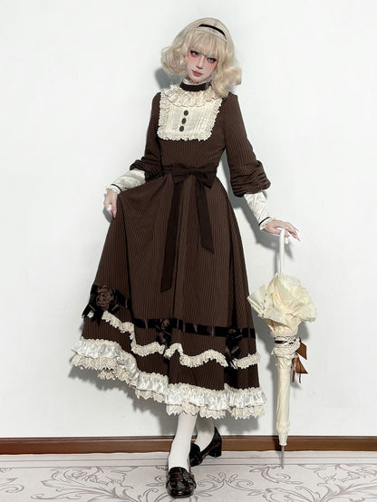 Brown Ruffle Neckline Lolita Dress with Waist Belt - MUYU