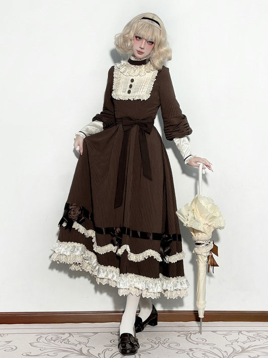 Brown Ruffle Neckline Lolita Dress with Waist Belt - MUYU