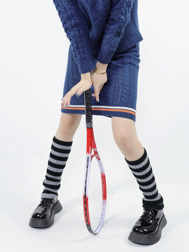 Gray 45cm Leg Warm Striped Knit Black Warmers