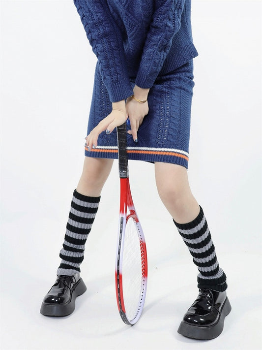 Gray 45cm Leg Warm Striped Knit Black Warmers