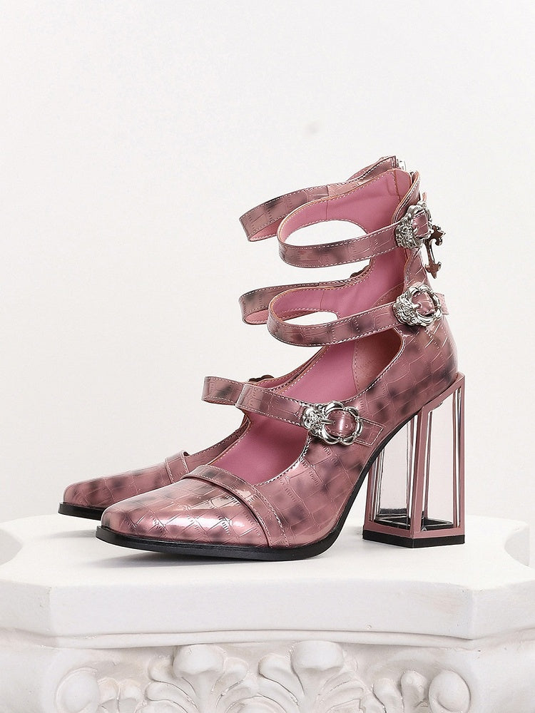 Polished Pink Gothic Crocodile Buckle Straps High Block Heels