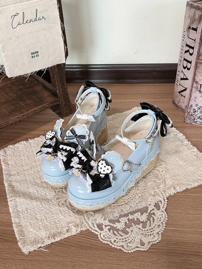 Kawaii Lolita Black & Blue Round Toe Platform Shoes with Rabbit Ear Detail - Cheese Mango