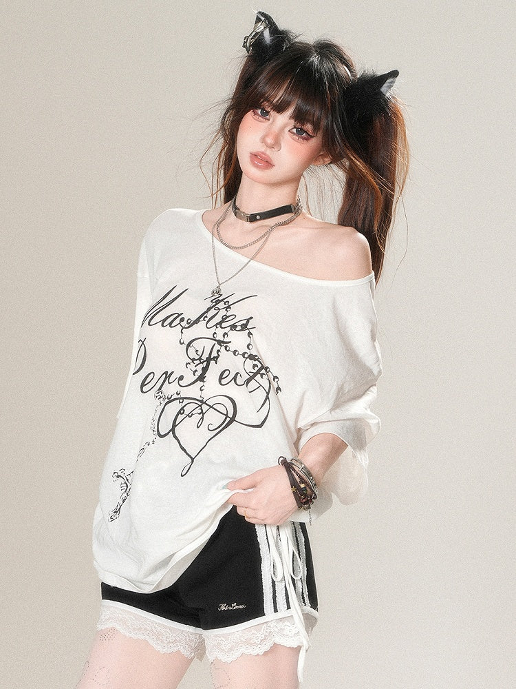 T-shirt Asymmetrical Letter Print White Glamorous Neckline