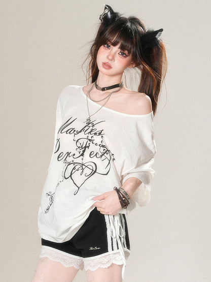 T-shirt Asymmetrical Letter Print White Glamorous Neckline