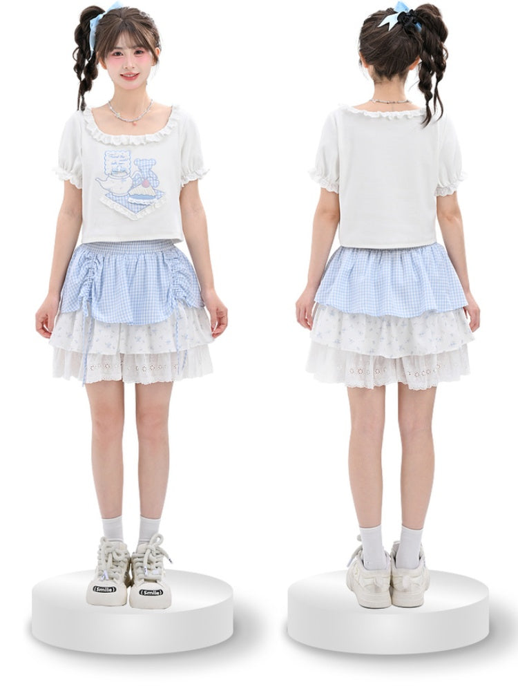 Bear Pattern Square Neck Puff Sleeves White T-Shirt Lace Trim Ruffled Plaid