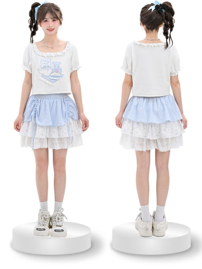 Bear Pattern Square Neck Puff Sleeves White T-Shirt Lace Trim Ruffled Plaid