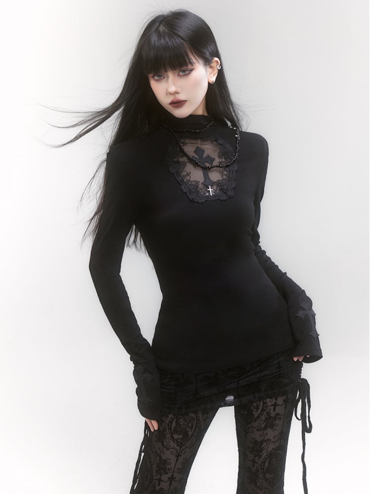 Gothic Black High Neck Cross Applique Cutout Detail Top