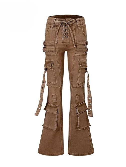 Wasteland Silhouette Flare Schnürjeans Punk Detail Braun Kaffee