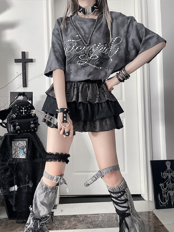 Beaded Punk Cross Short Gray Print with Tie-Dye T-shirt Lettering Sleeve