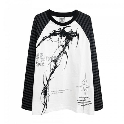 Black/White Graphic Raglan Lettering Prints with Top and Long Sleeves Striped Gothic