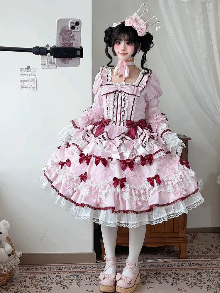 Lace and Pink Accents Trims Bear Sweet Embroidery Bow Dress Lolita White with