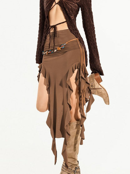 Knit Dress/Skirt Slit 2-in-1 Cascading Brown Side Convertible Ruffle Strapless with Hem