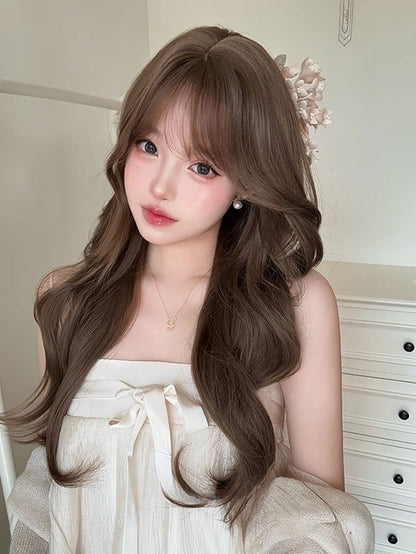 Gewellte 71CM braune Air-Perücke mit Pony und Länge