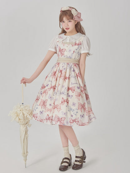 Sweet Bowknots Print Pink High Waist Retao Lolita Dress