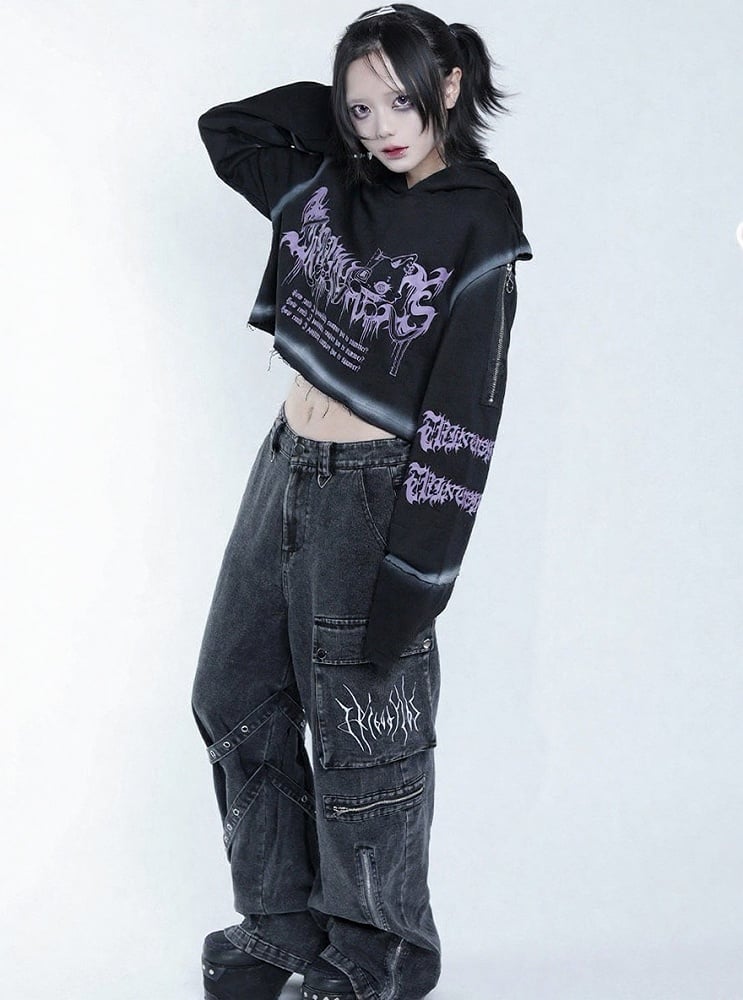 Dark Style Purple & Black Cat Symbol Graphic Cropped Hoodie with Shoulder Zip - Tribuo Flos
