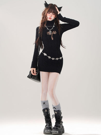 Black/Grey Cross Cutout Detail Turtle Neck Slim-fit Knit Dress