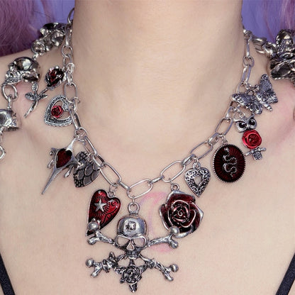 Optionen Blumen und 3 Skelett Y2K Halskette Herz Anhänger