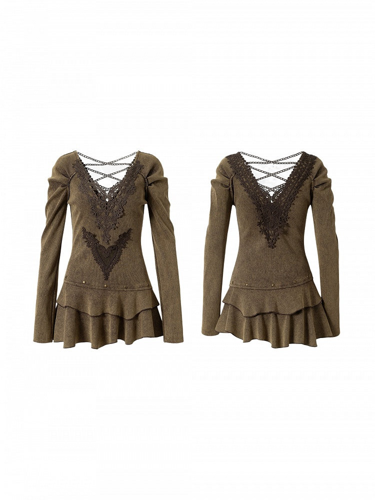 Deep Vintage Flower Collar Punk with Brown-Green Dress Back Lace Knit - V-Neck Crossed Wasteland