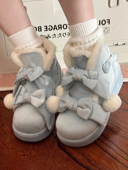 Sweet Winter Lolita with Details Platform Lining Heart Fleece Blue Buckle Boots Bowknot
