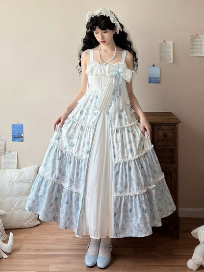 Blaues Lolita-Muschelkleid mit weißem Meeresdruck und Seesternen