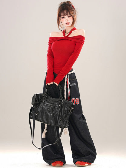 Black/Red Asymmetrical Slit Hem Halter Neck Top