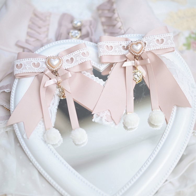 Jirai Kei Lace Bow Hair Clips with Beaded Heart