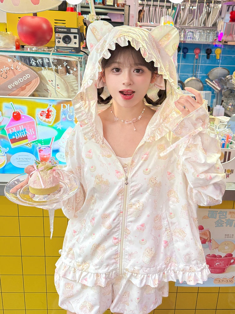 Ears Hood Beige Allover Drawstring Kitty Print Sun Protection Jacket Cuffs Kitty