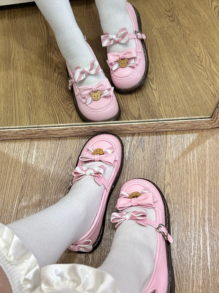 - 2 cm süße, gleichmäßig gestreifte Flats mit rosa Schleife und PU-Lolita-Sohle