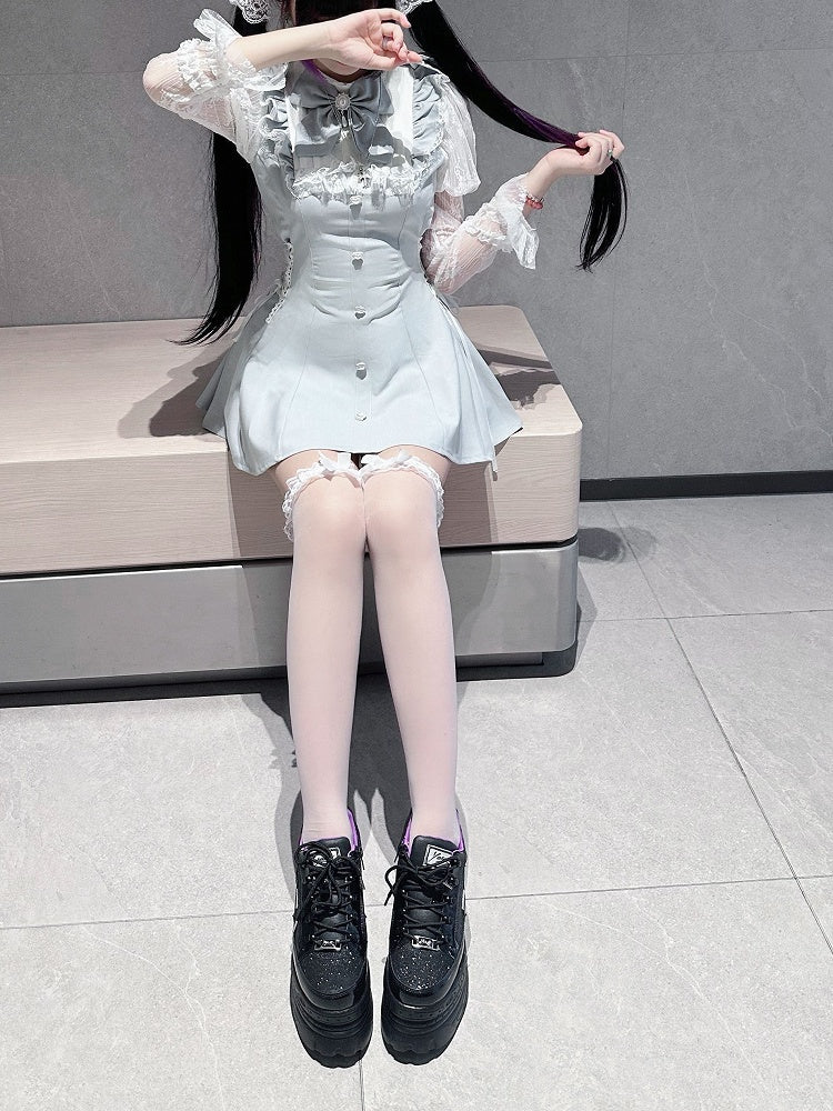 in White Blue/Black Top Light Jirai Juliet Kei Plaid Matching Set: Shorts and Sleeve