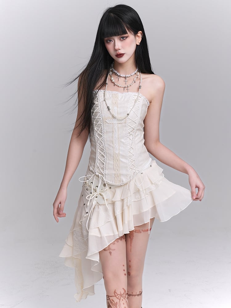 アシンメトリーヘムティアードスカート ストラップレストップ レース編み上げ ベージュクロスアップリケ /