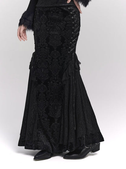 Schwarzer Meerjungfrauenrock aus Samt mit Schnürdetail an der Seite