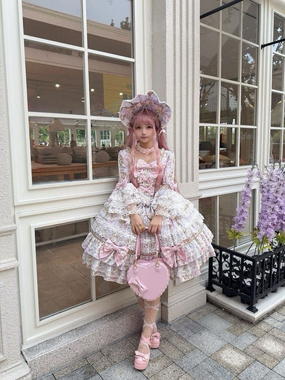 Floral Lolita OP Print Bow and Dress Purple Sleeves Trim with Bell Accents Lace