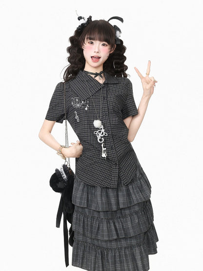 Black Asymmetrical Short Sleeve Top with Kitty Embroidery - Languid Park