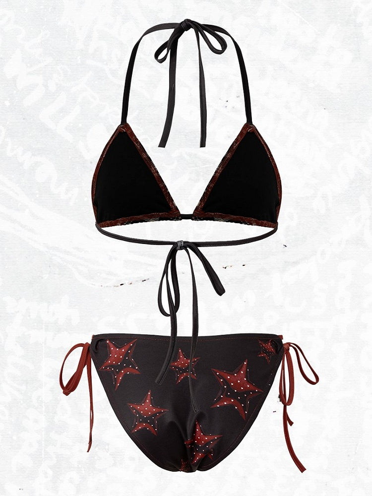 Star-Print Swimsuit Black Bikini with Punk Tie Set Plaid Details Red