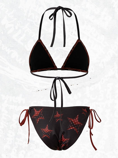 Star-Print Swimsuit Black Bikini with Punk Tie Set Plaid Details Red