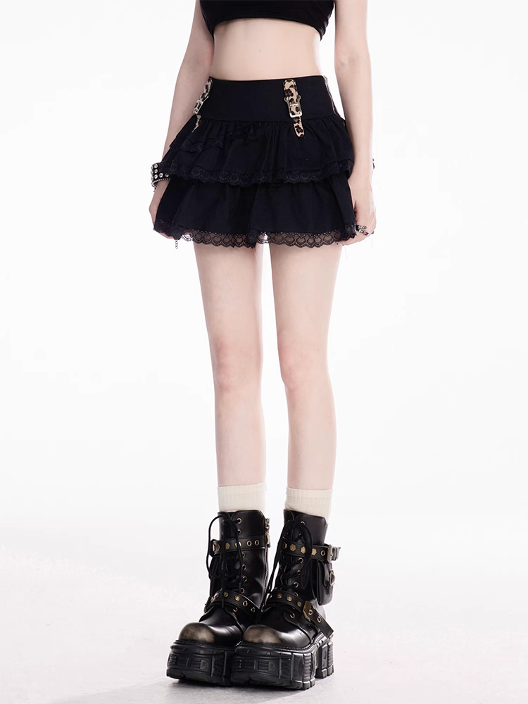 Leopard Pattern Buckle Straps Black Lace Trim Tiered Skirt