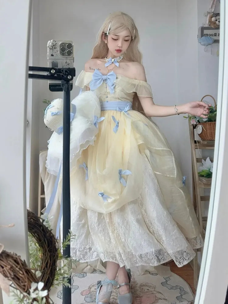 Lolita V-neck Blue Belle with Yellow Princess Detachable Dress Bows